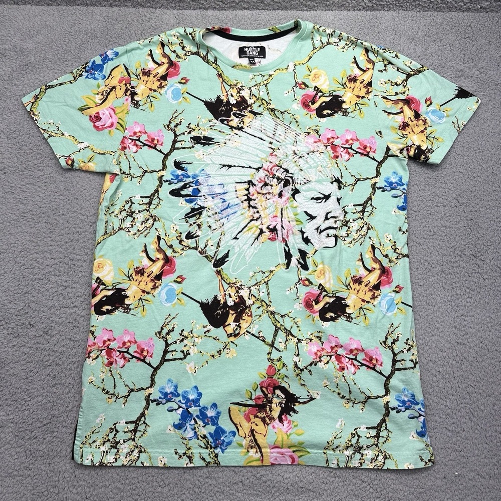 Hustle Gang Men's Size Medium Native American‎ Chief Cotton T-Shirt Teal Floral